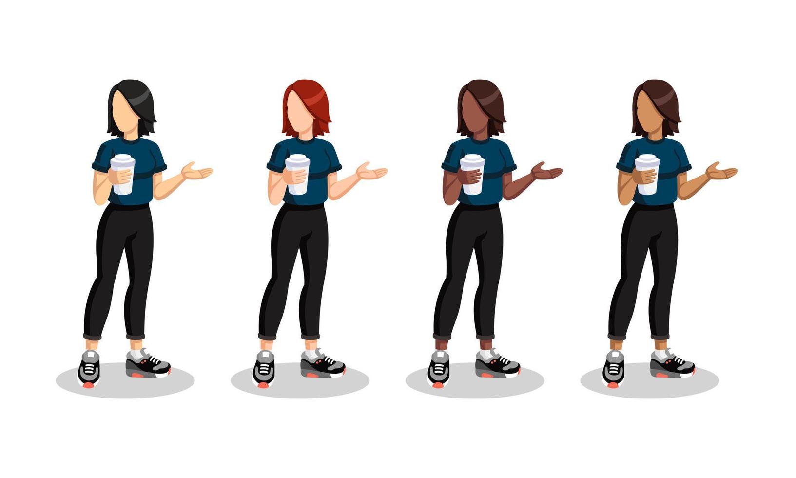 Set of Various ethnicity wome sporty girls with cups of coffee in hands. Vector flat digital illustration