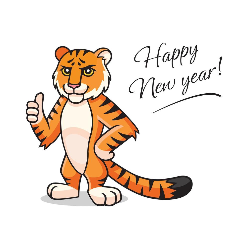 Vector cartoon Tiger Character, mascot, symbol, sign of Chinese New year.Happy New Year lettering. Lunar new year, year of the tiger postcard, illustration