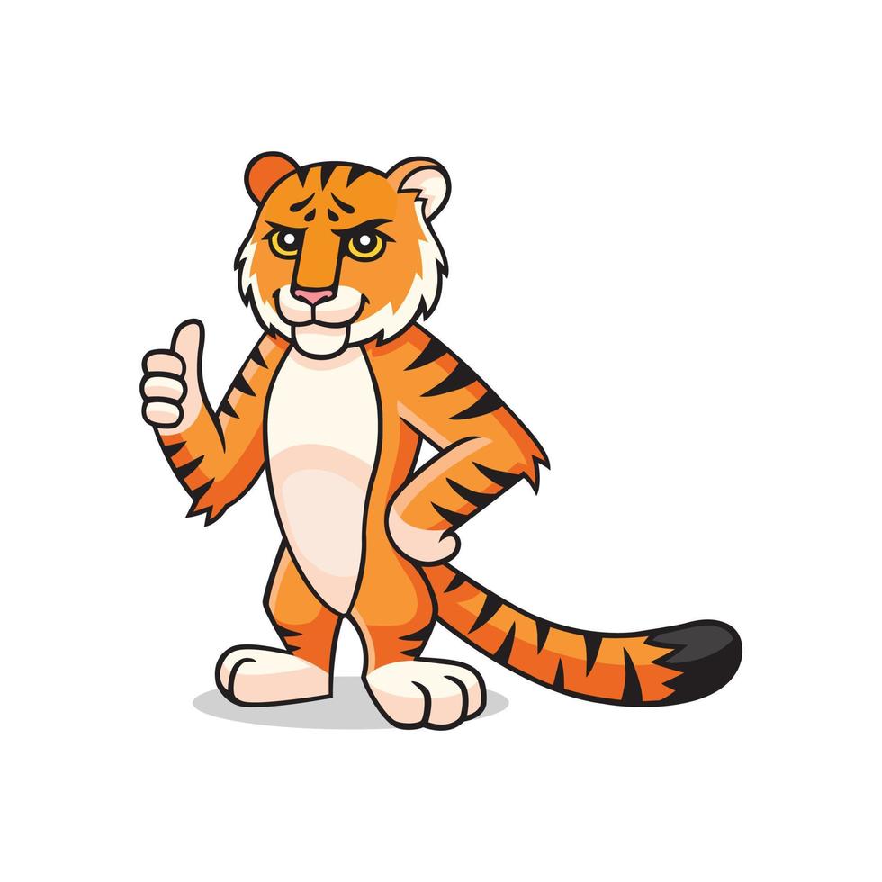 Tiger character is showing thumb up, appreciate. Vector cartoon comic doodle illustration, mascot, character, icon, logo of tiger. Sly tiger animal face.