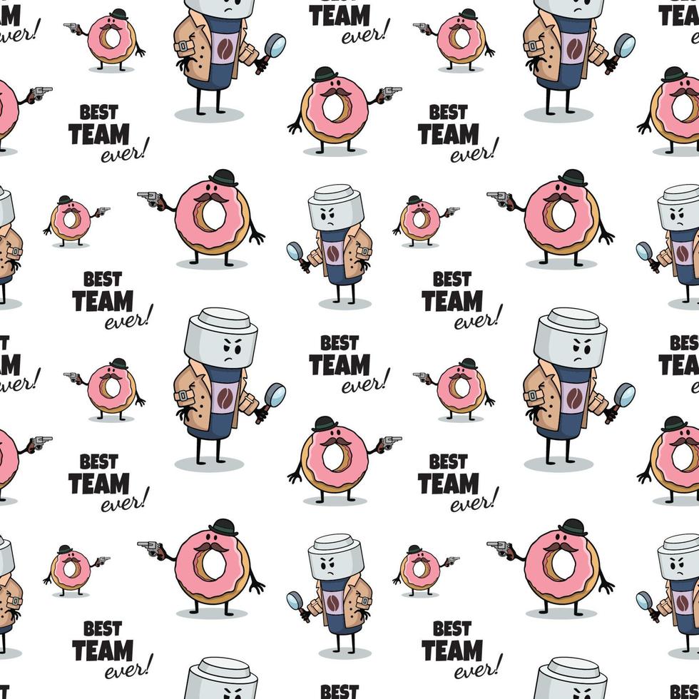 Coffee paper cup and donut as detectives partners, policemen investigating crime. Fast food seamless pattern. Hand drawn Comic doodle sketch style. Vector food illustration. The best team ever