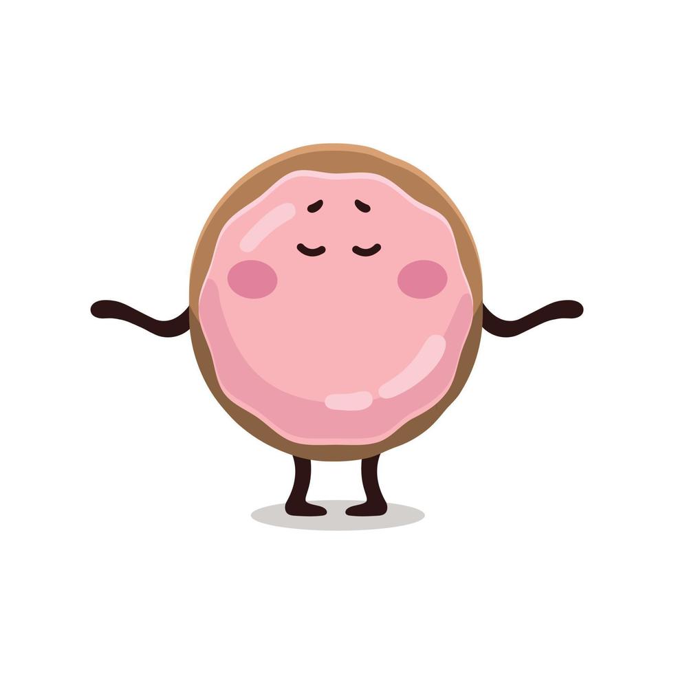 Funny kid's emoji banner of pink glazed donut is making yoga. Donut character, mascot, illustration, sticker. vector