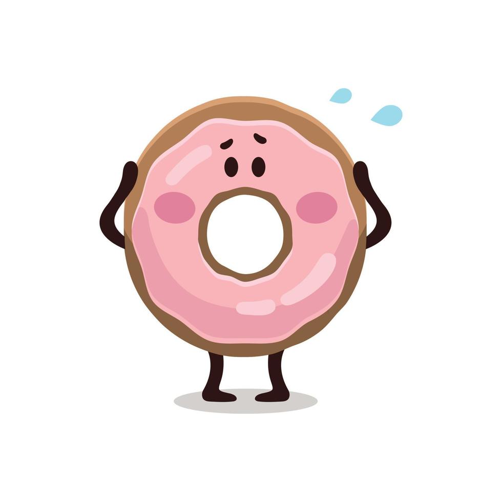 Funny vector cartoon flat doodle kid's emoji sticker, character, banner, mascot of pink glazed donut in panic. Colorful flat digital vector illustration