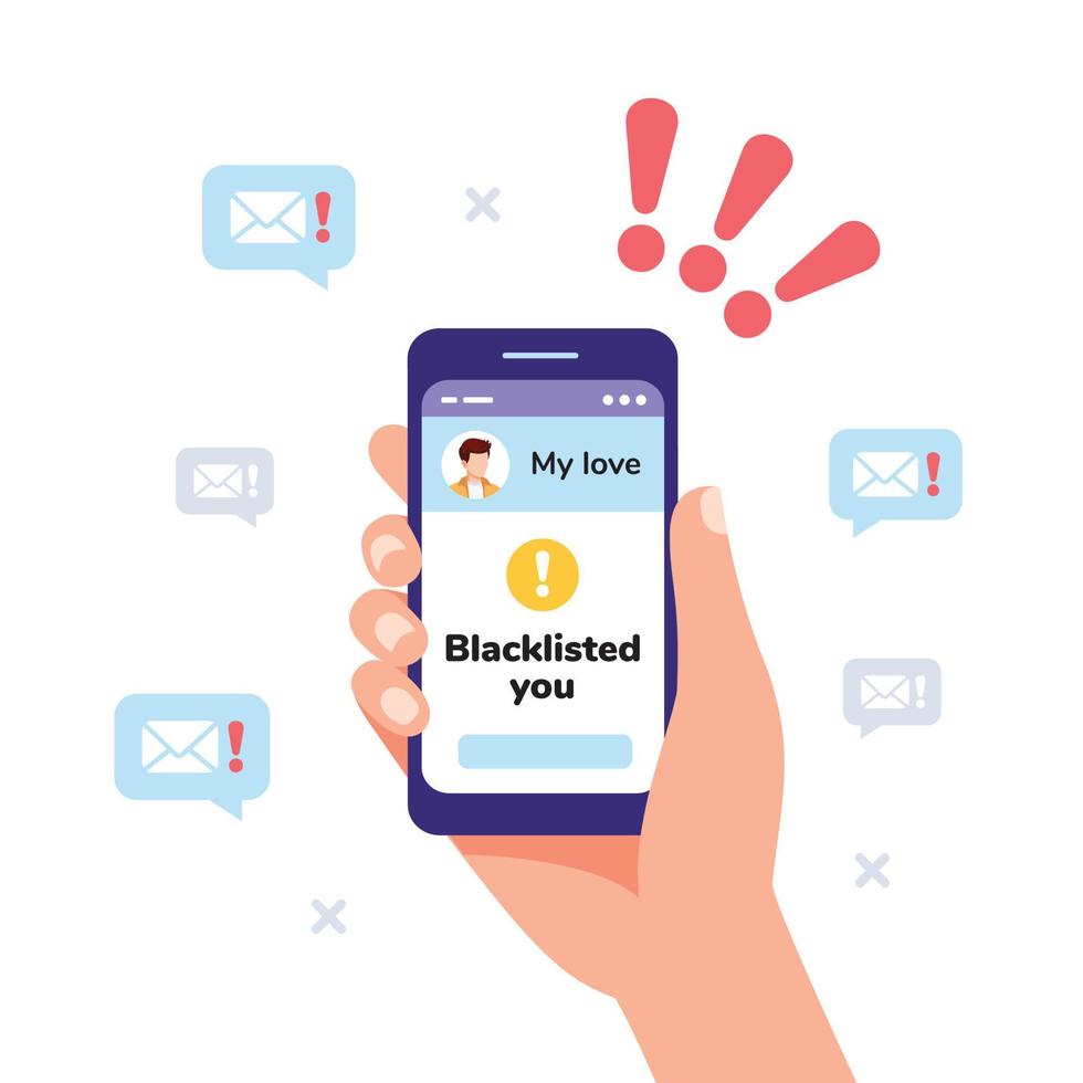 Man's hand holds a smartphone. Vector flat digital illustration about blacklisting. Boyfriend, lover suddenly added you to the blacklist. Message sending  is not possible. Narcissist's manipulation