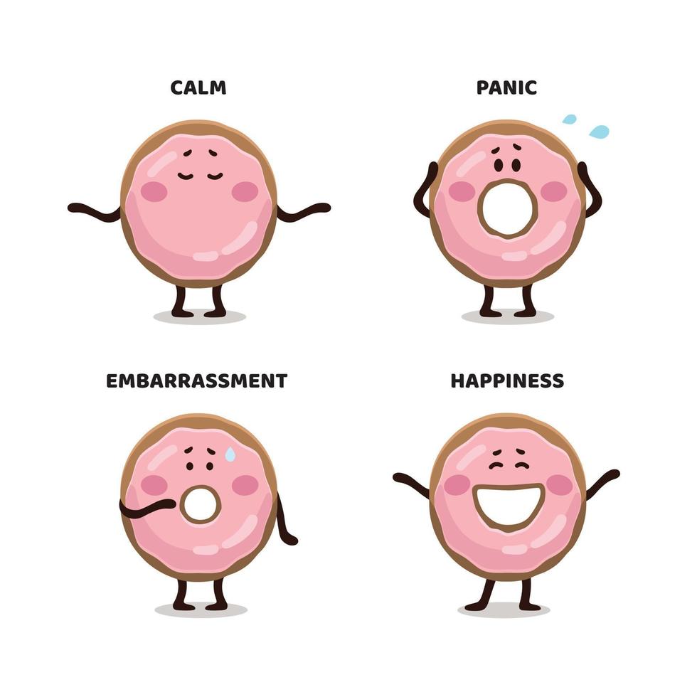 niños divertidos pegatinas emoji, personajes, mascotas, pancarta de donut glaseado rosa. conjunto de emojis vector