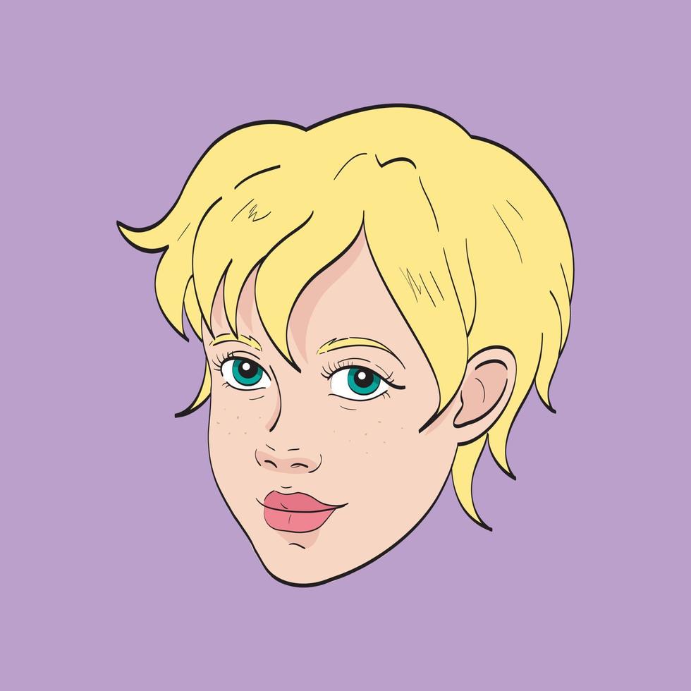 Hand drawn female fashion portrait. Avatar of a young woman, blonde teenager girl with short haircut. Vector doodle illustration. Sketch of girl's head