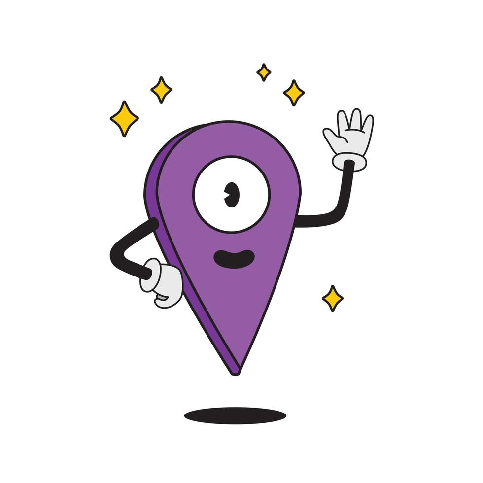 Location mark icon, classic animation style character. Doodle character is waving hand. Cartoon character location sign. vector