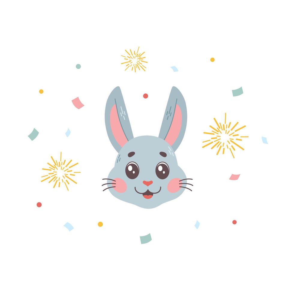 Year of rabbit zodiac. Bunny head with fireworks and confetti, chinese new year postcard. Symbol of lunar new year. Vector cartoon hare. Character, mascot, symbol, sign of Chinese New year.