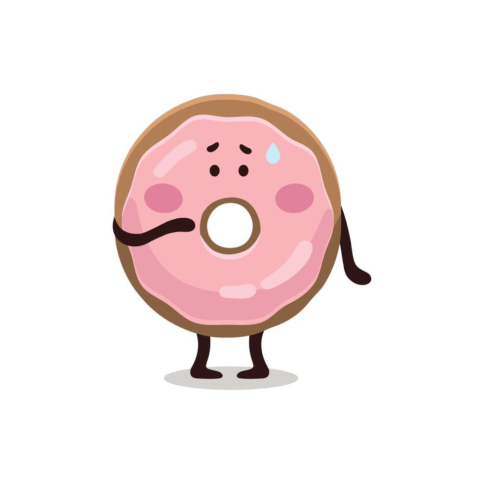 Funny children's flat digital illustration of pink glazed embarrassed donut. Donut character, mascot, illustration, sticker. vector