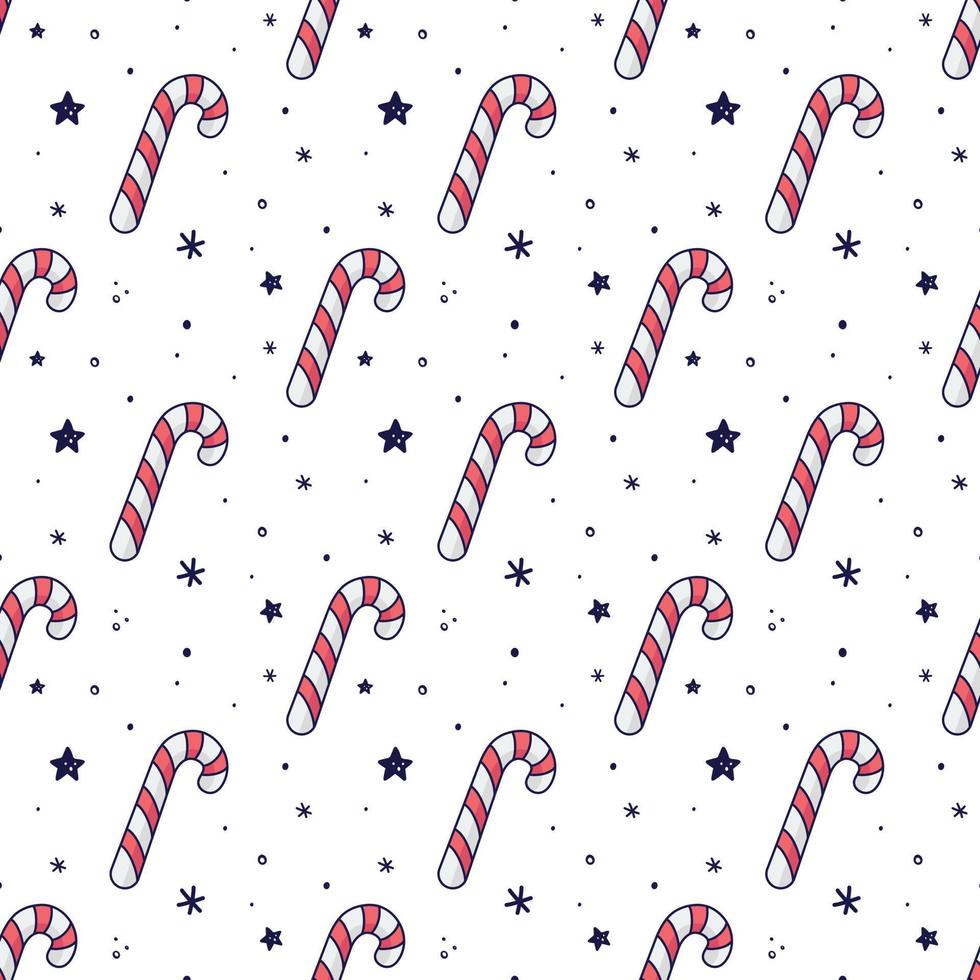 Candy cane seamless pattern. Caramel stick, lollipop illustration in doodle style. Hand drawn candy can with snowflakes and stars. Isolated on white. Christmas decoration vector