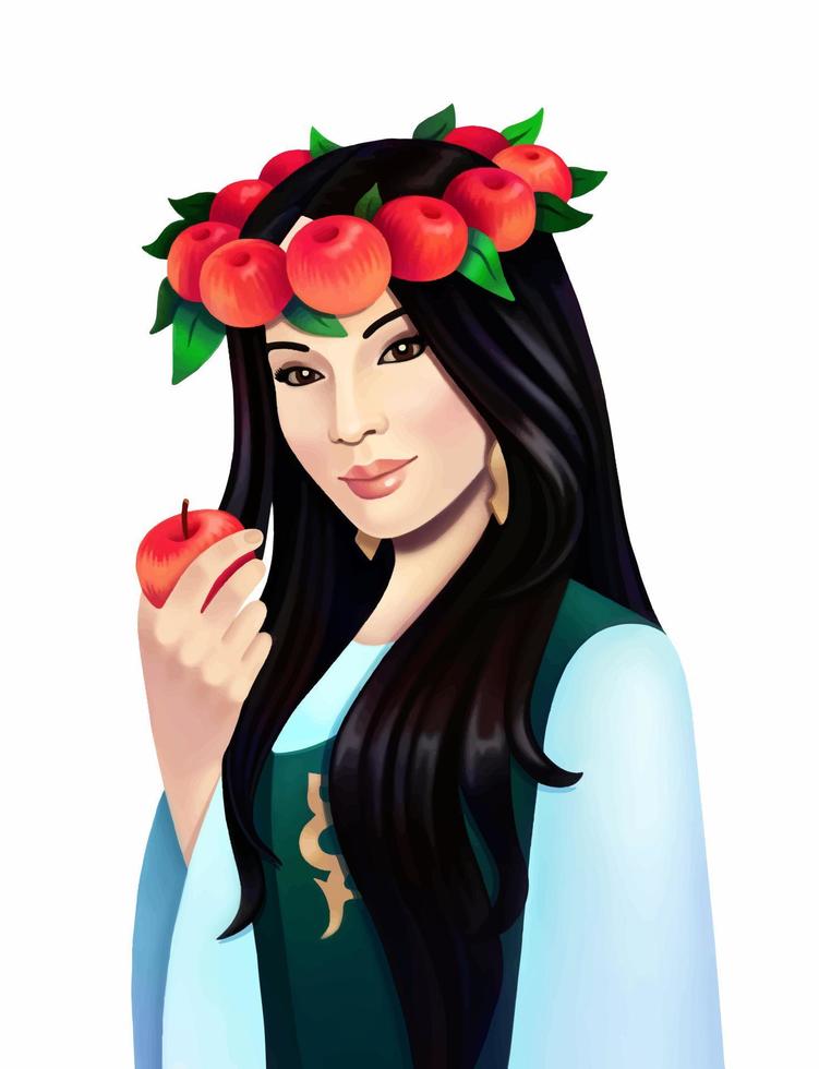 Digital portrait of asian girl in traditional costume with apple wreath vector