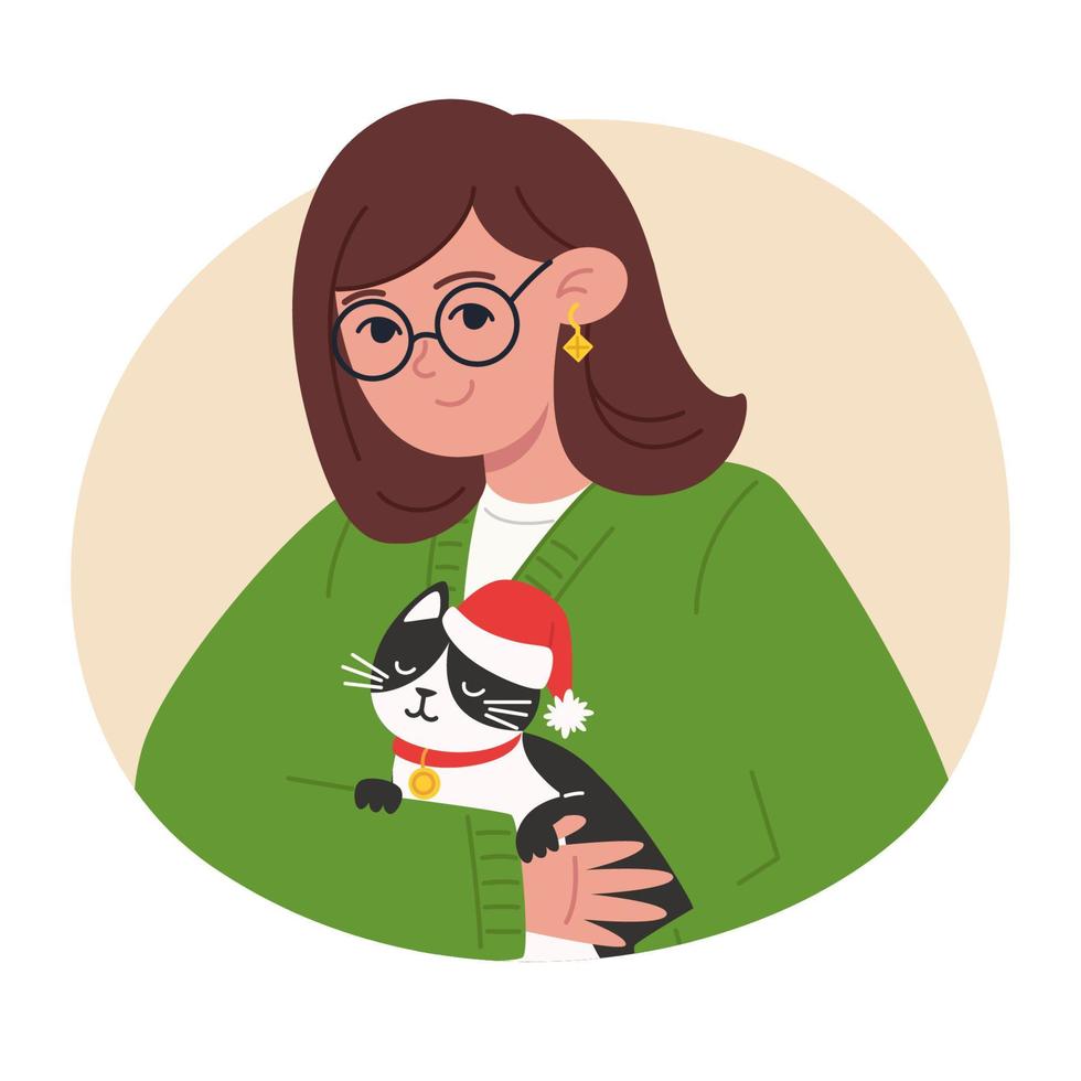 Young woman holding a black and white cat in santa hat in her arms vector