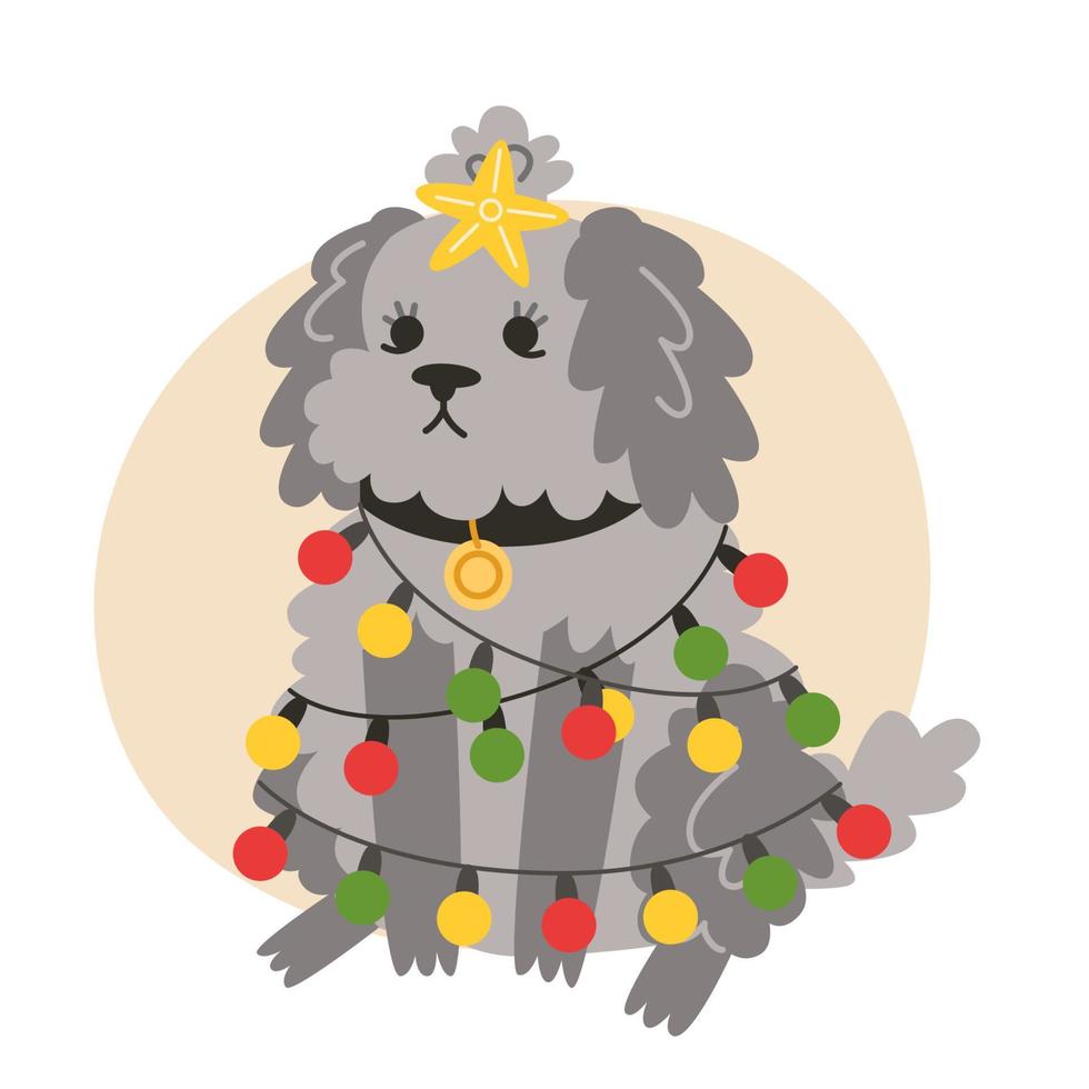 el perrito rizado se sienta en la guirnalda de celebración como un árbol de navidad vector