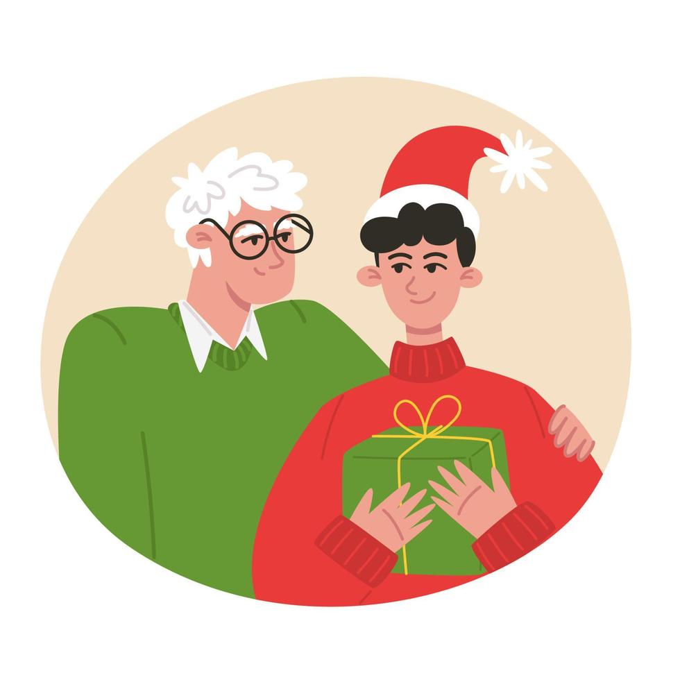 Christmas family portrait grandfather and grandson in flat style vector