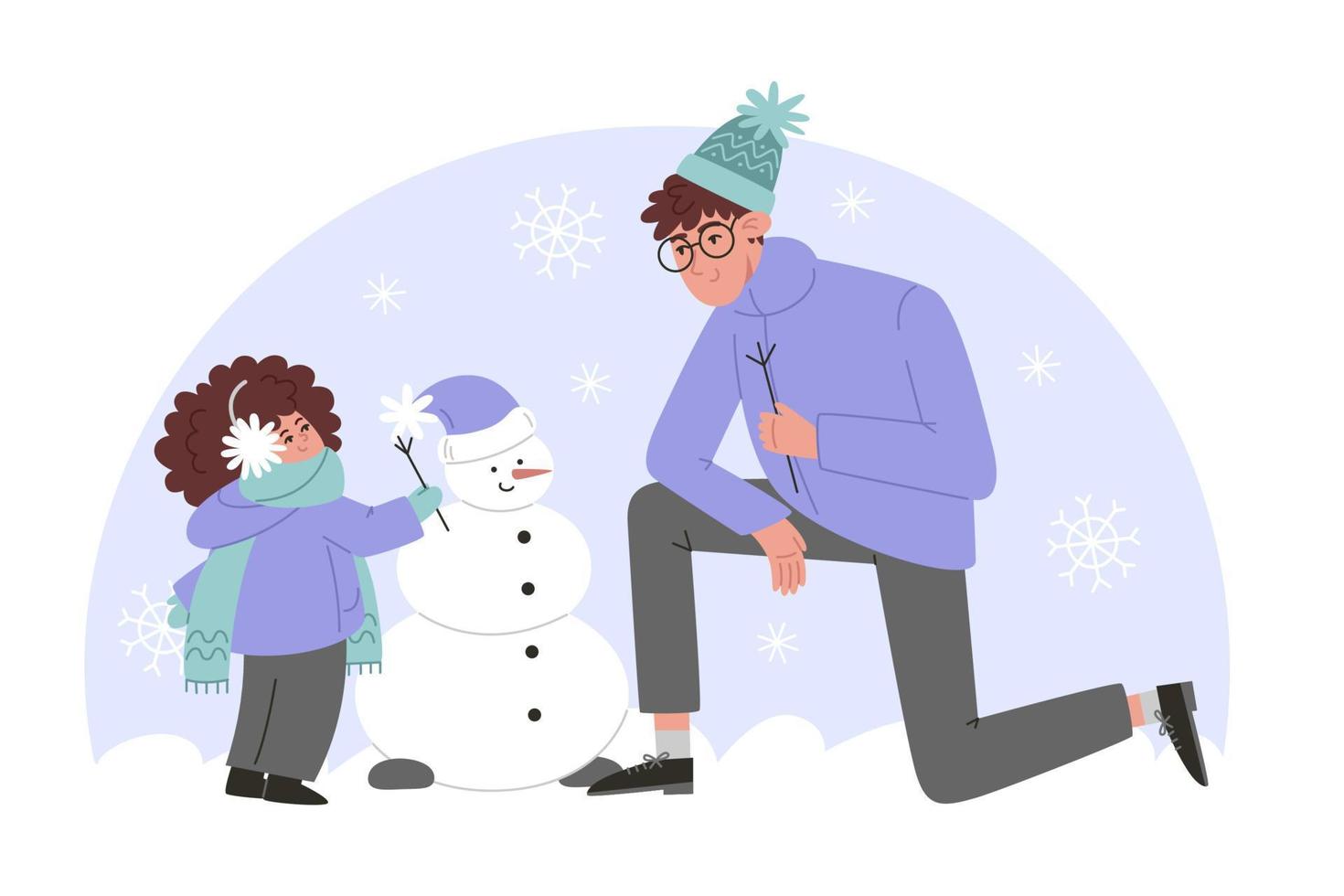 padre e hija haciendo un muñeco de nieve en un estilo plano vector