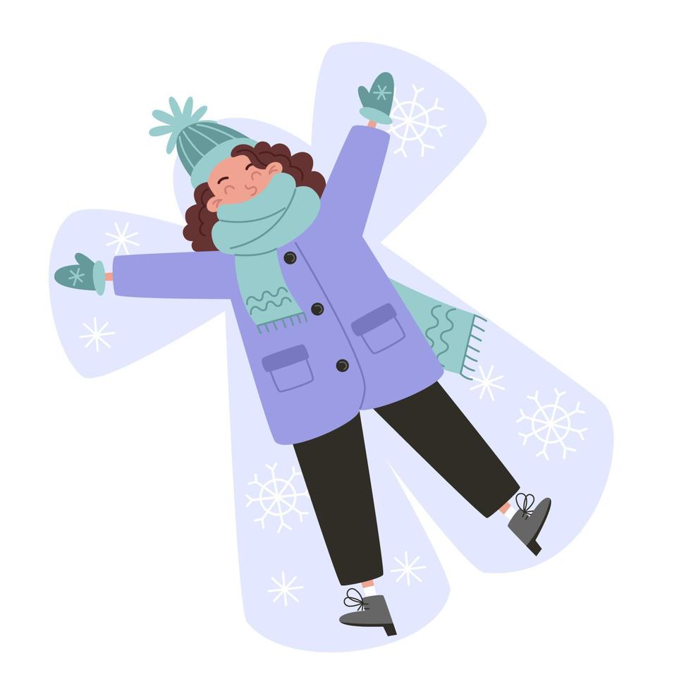 mujer joven haciendo un ángel de nieve en la nieve vector