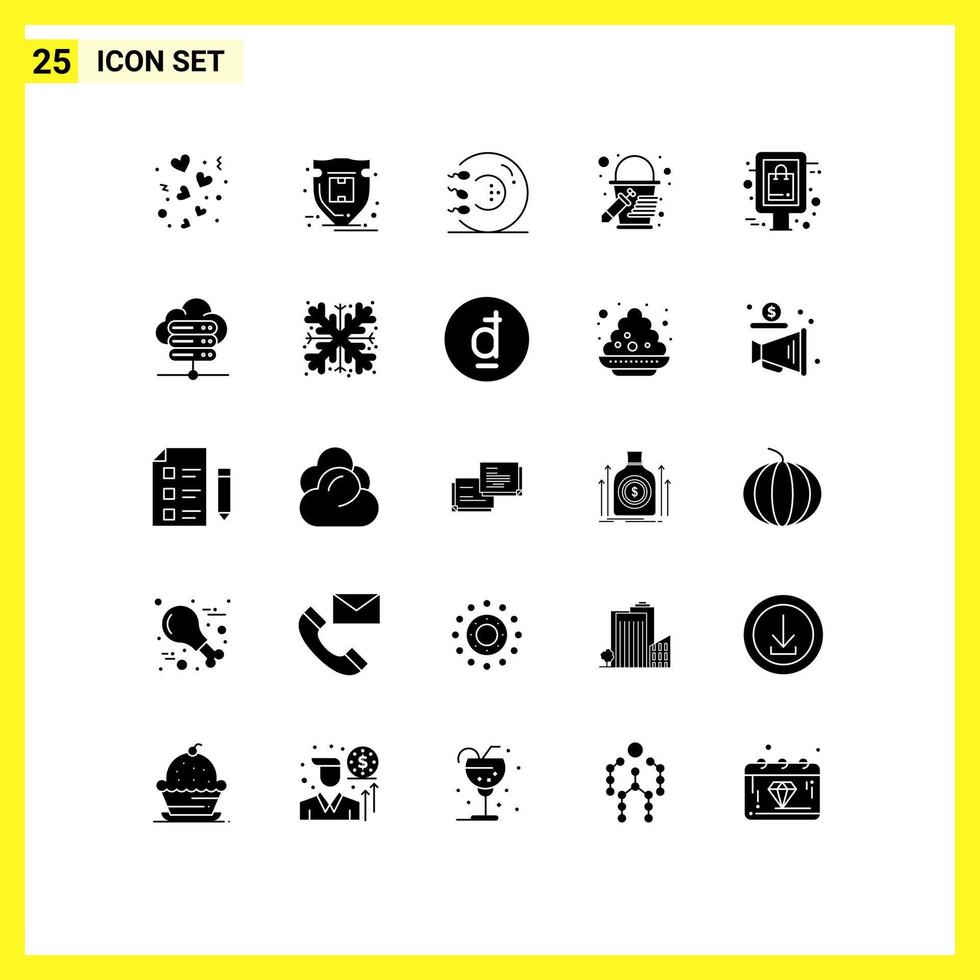 Group of 25 Modern Solid Glyphs Set for shopping color parcel bucket health Editable Vector Design Elements