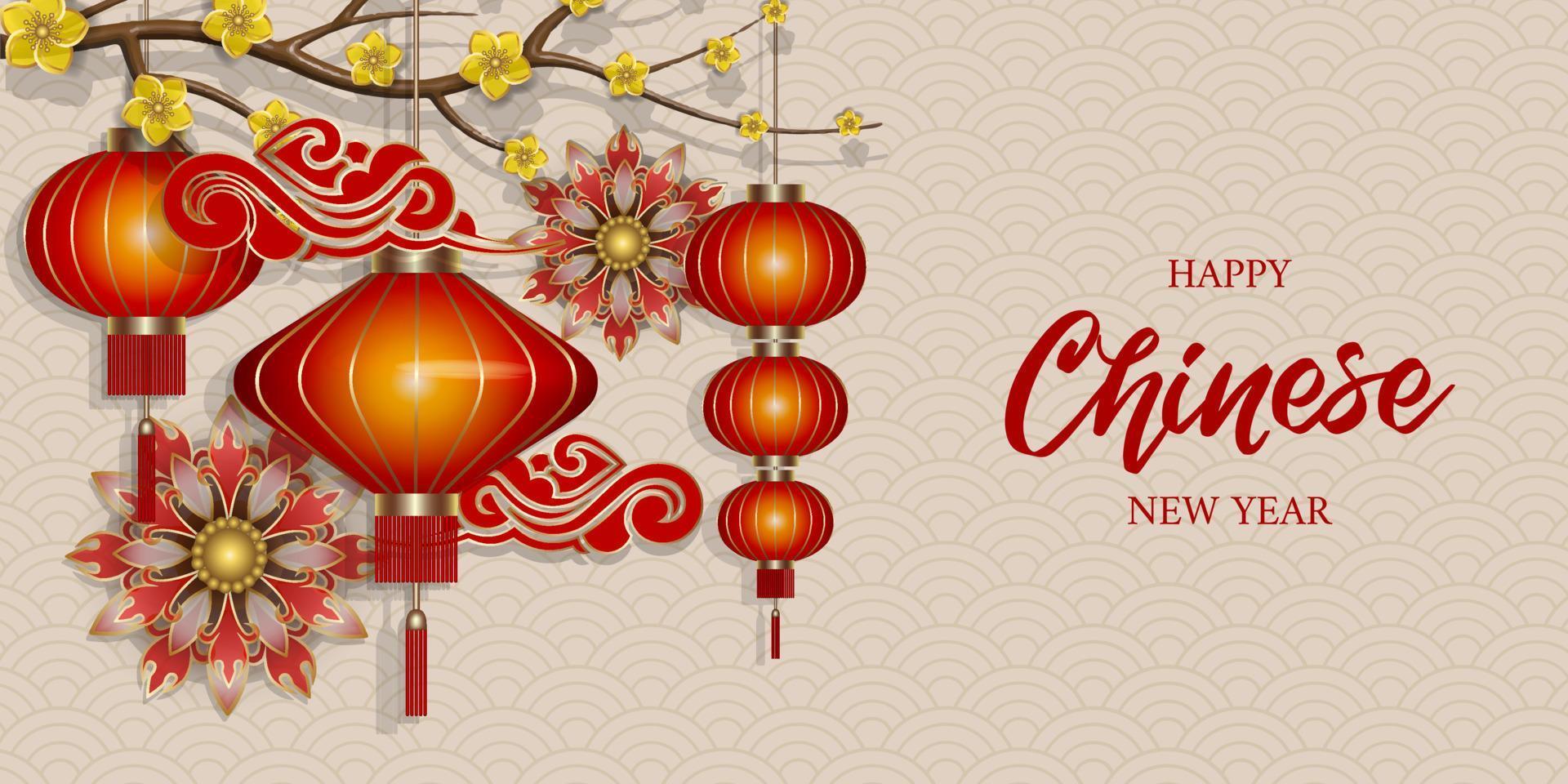 chinese new year banner with red lanterns, clouds and flowers vector