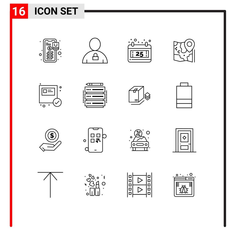 16 Universal Outlines Set for Web and Mobile Applications box google padlock location map Editable Vector Design Elements