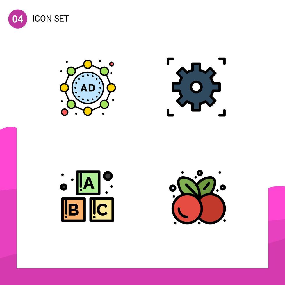 grupo de símbolos de icono universal de 4 colores planos de línea de llenado modernos de cerezas publicitarias alfabeto de cine fruta elementos de diseño vectorial editables vector