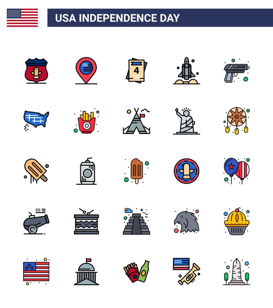 paquete de líneas llenas planas de 25 símbolos del día de la independencia de estados unidos de seguridad invitación de estados unidos cohete de transporte editable elementos de diseño vectorial del día de estados unidos vector