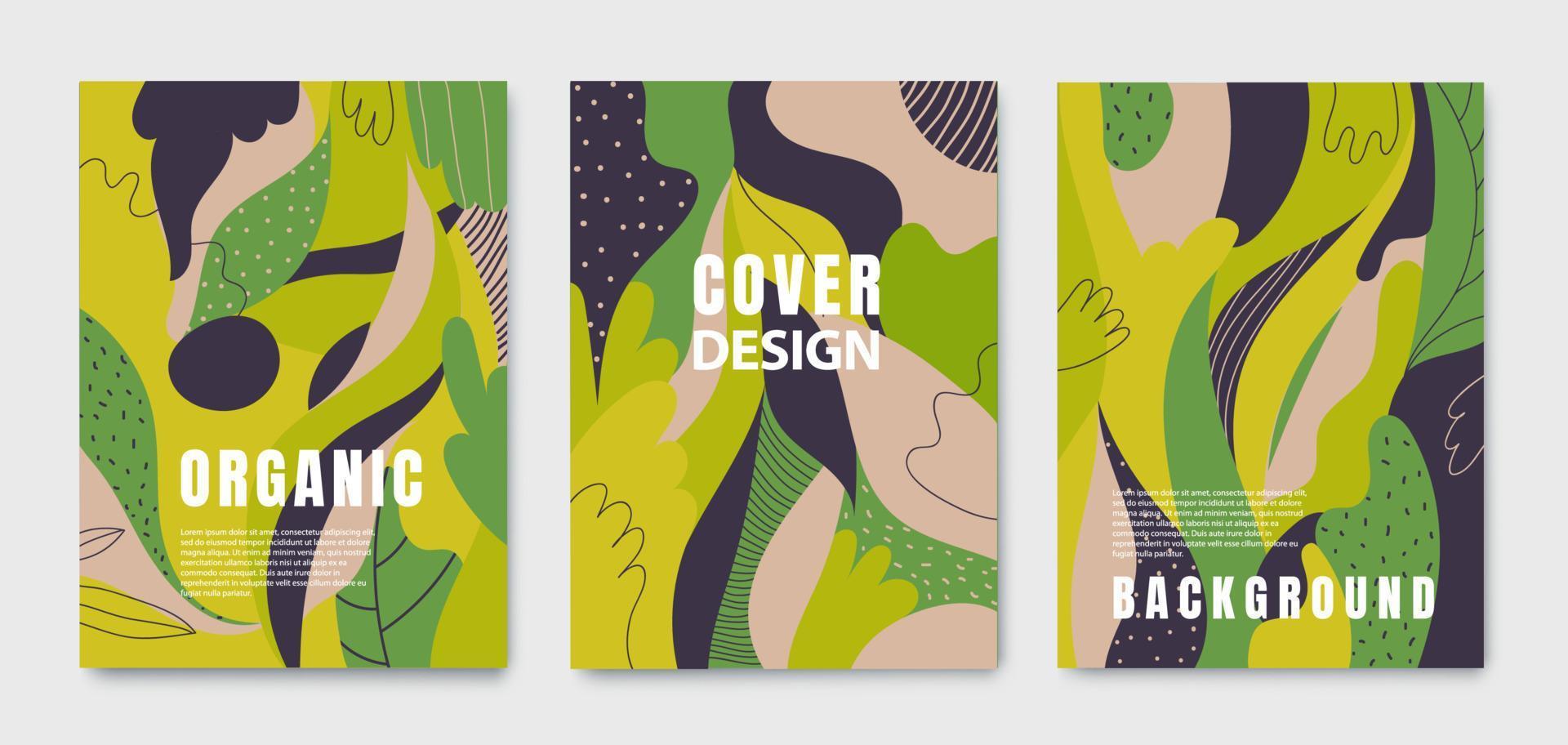 Set of vector absract posters, organic green covers with liquid shapes, leaves and geometric elements. Use for prints, flyers, banners, design. Eco concepts.