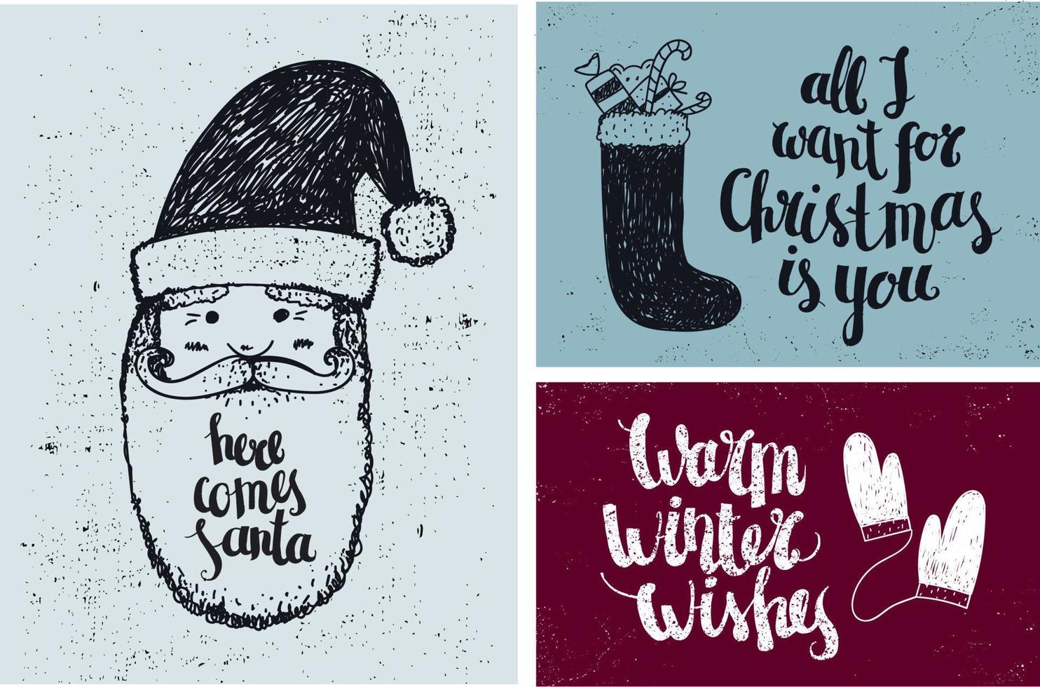 Vector set of Christmas, New Year hand drawn cards with lettering. Winter holiday elements, Santa, stocking, mittens doodle style