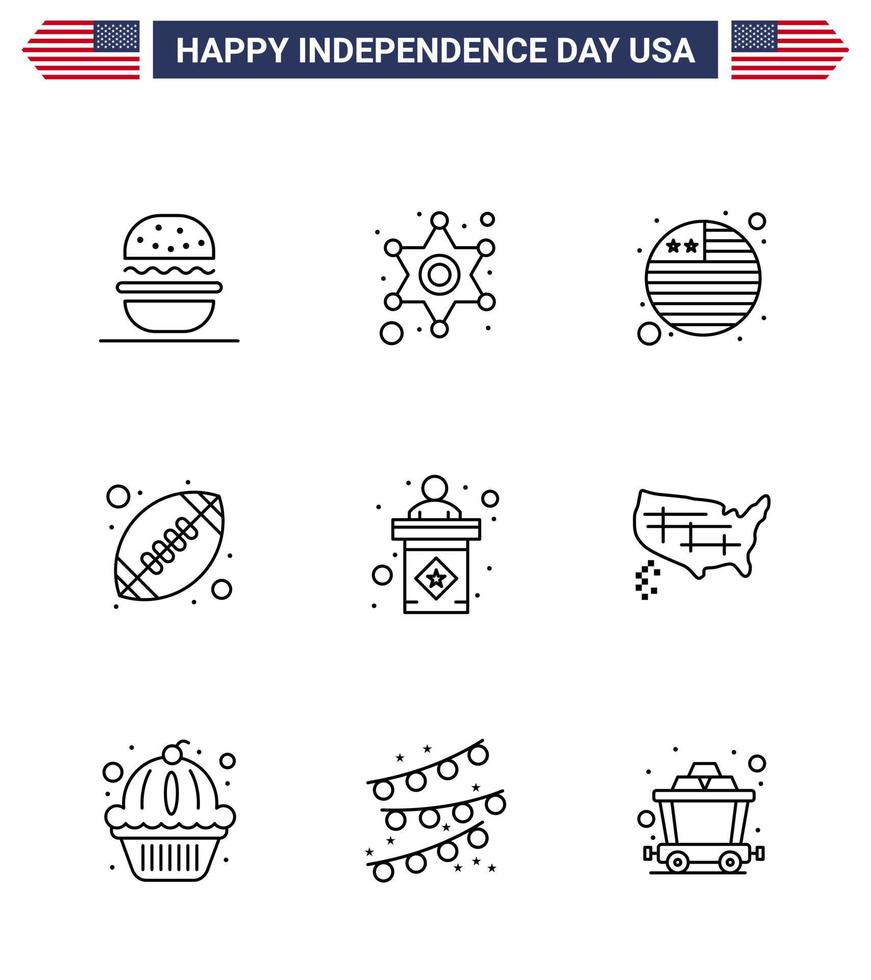 Happy Independence Day 4th July Set of 9 Lines American Pictograph of stage usa country american ball rugby Editable USA Day Vector Design Elements