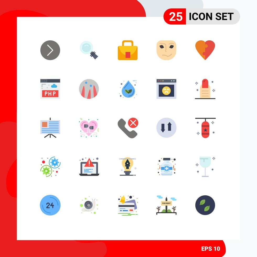 25 User Interface Flat Color Pack of modern Signs and Symbols of love mask bag face cheerful Editable Vector Design Elements