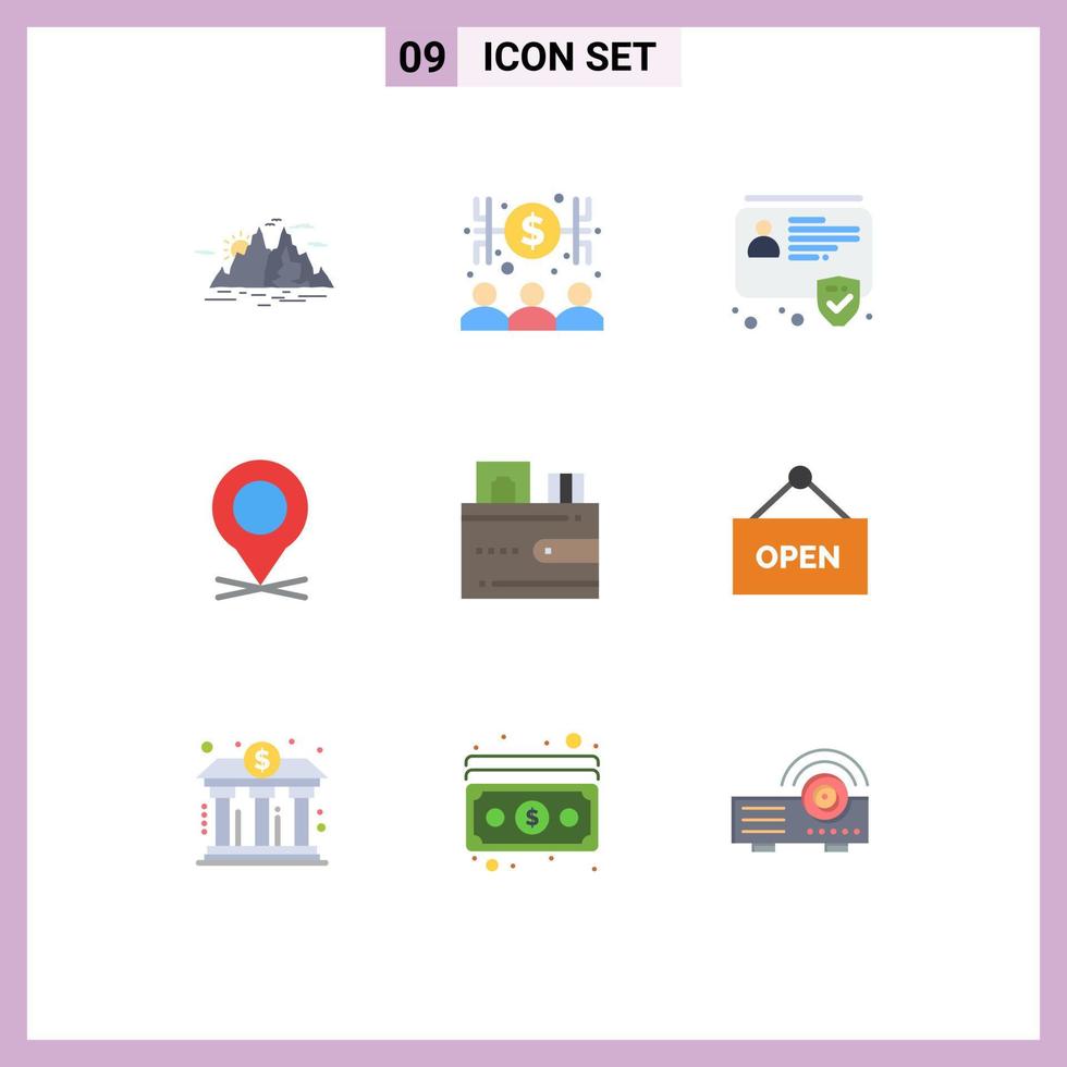 Mobile Interface Flat Color Set of 9 Pictograms of card pointer money map security Editable Vector Design Elements