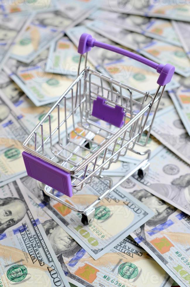 Empty small shopping cart lies on a many dollar bills photo