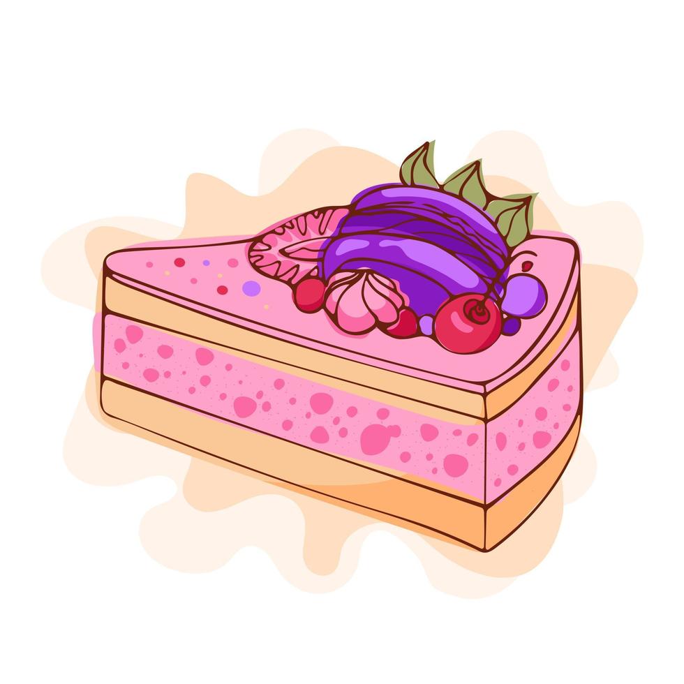 Appetizing mousse cake with cherries, strawberries, macaroons. Modern vector illustration in sketch style. international cake day. For cookbooks, stickers, design elements, menus, postcards, posters