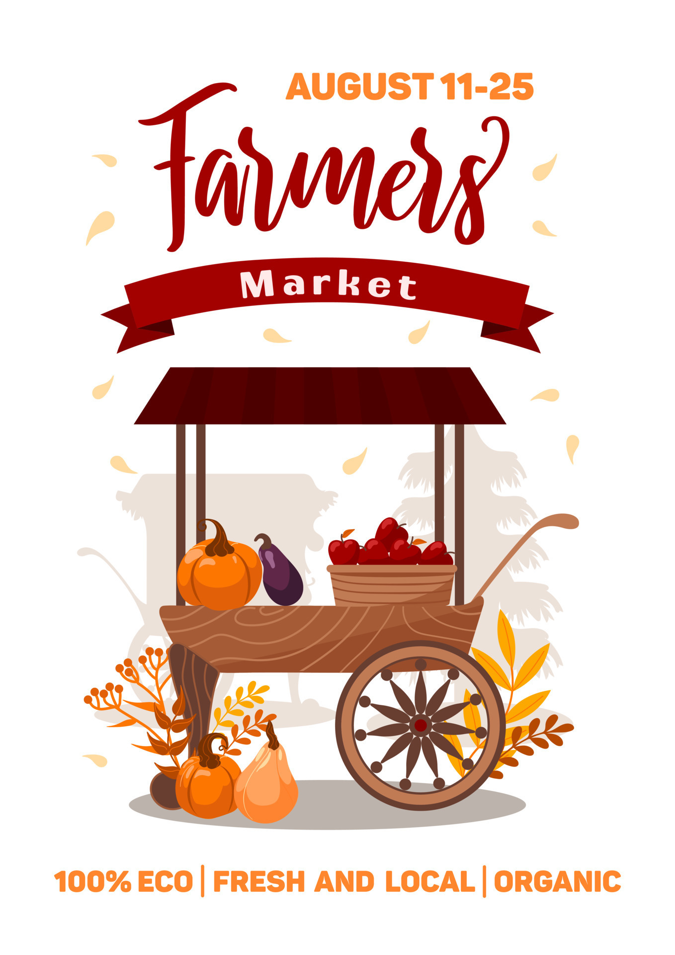 Farmers market banner. Carts with seasonal vegetables and fruits. Fresh