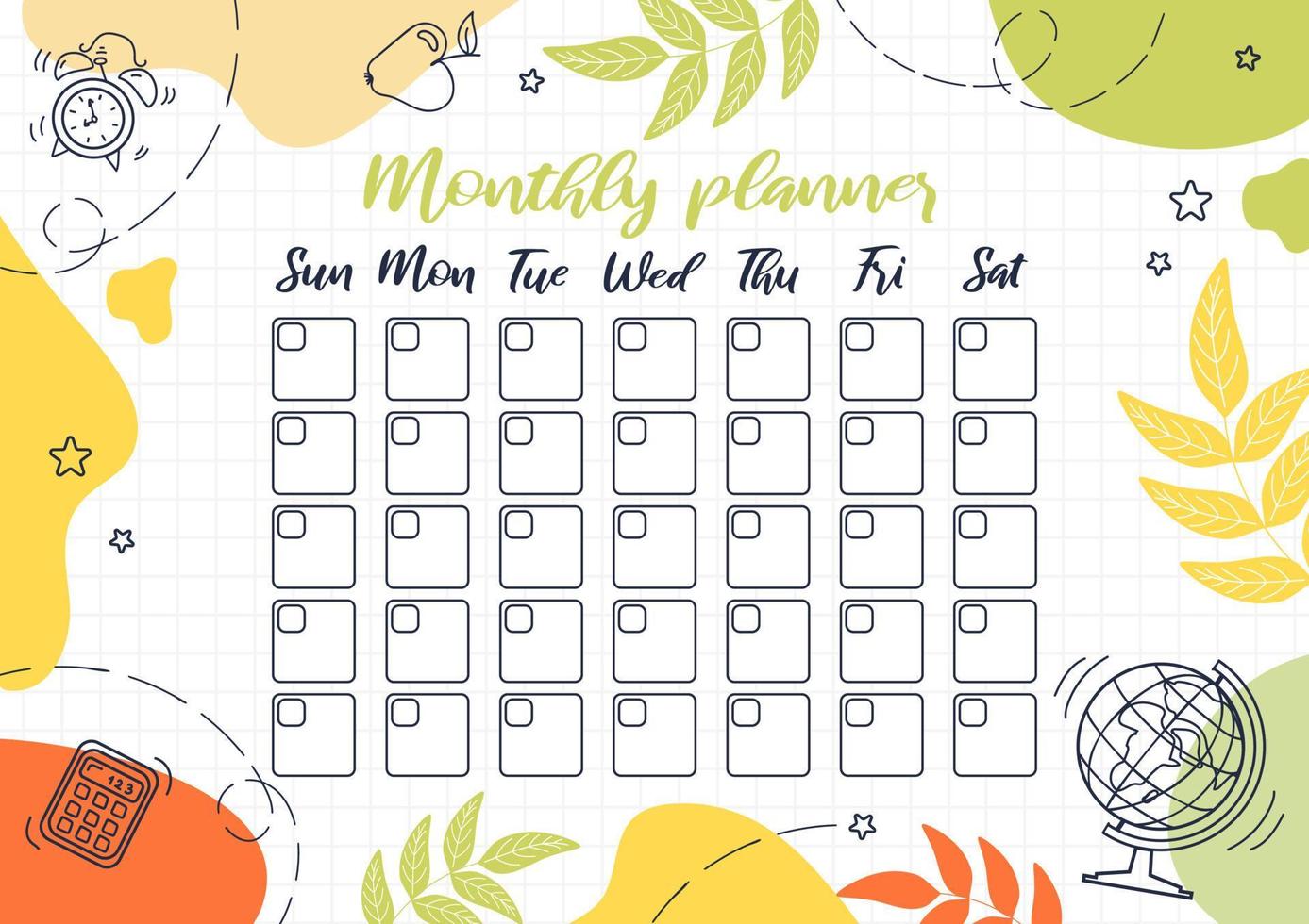 Monthly planner. Template design, important dates. Schedule for printing, calendar for study or work. Learning attributes - alarm clock, calculator, globe. Bright modern sketch style illustration vector