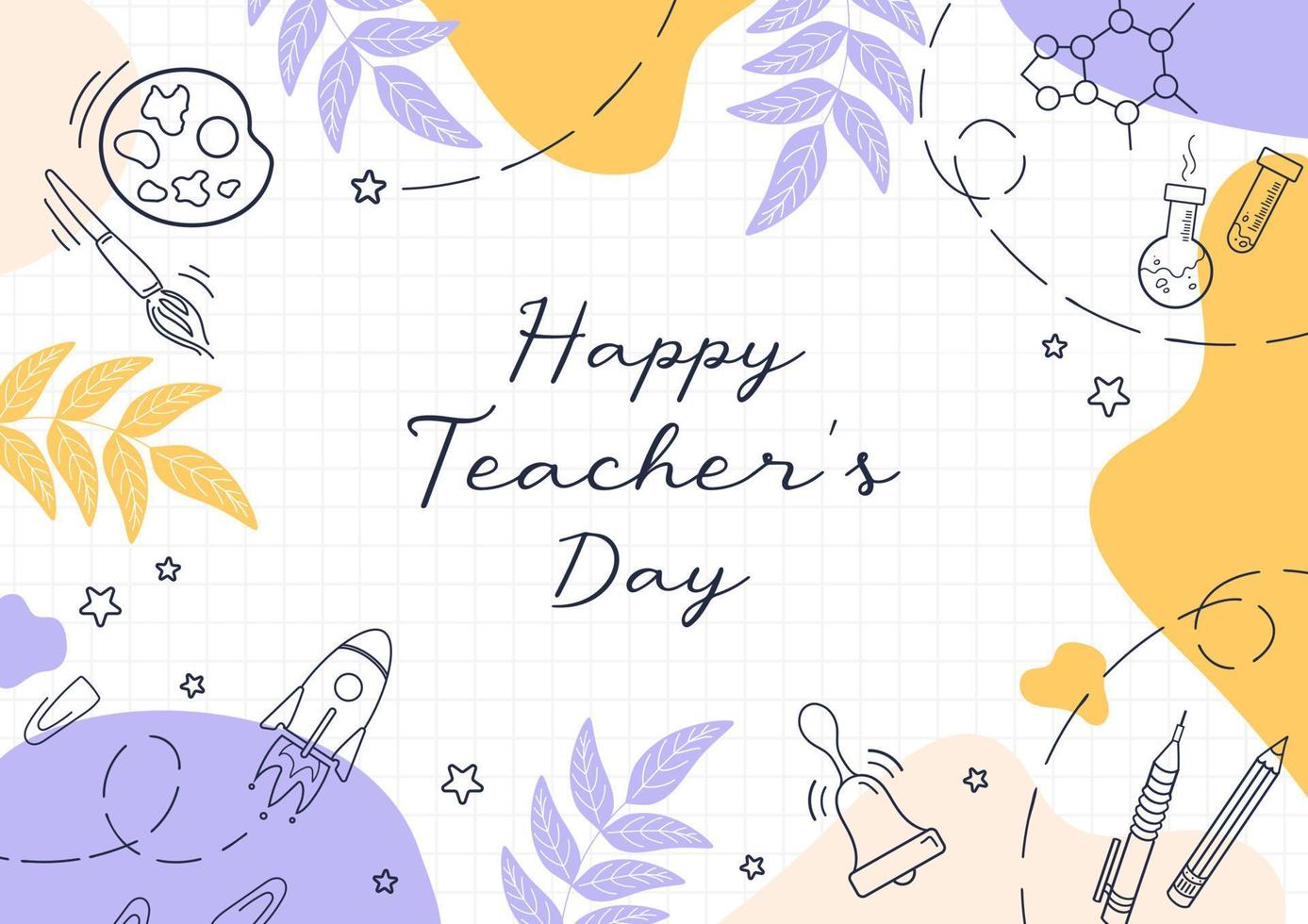 Happy Teacher's Day. Bright modern banner in sketch style, colored blots. Learning symbols. For posters, cards, banners, advertising banners, websites, flyers. vector