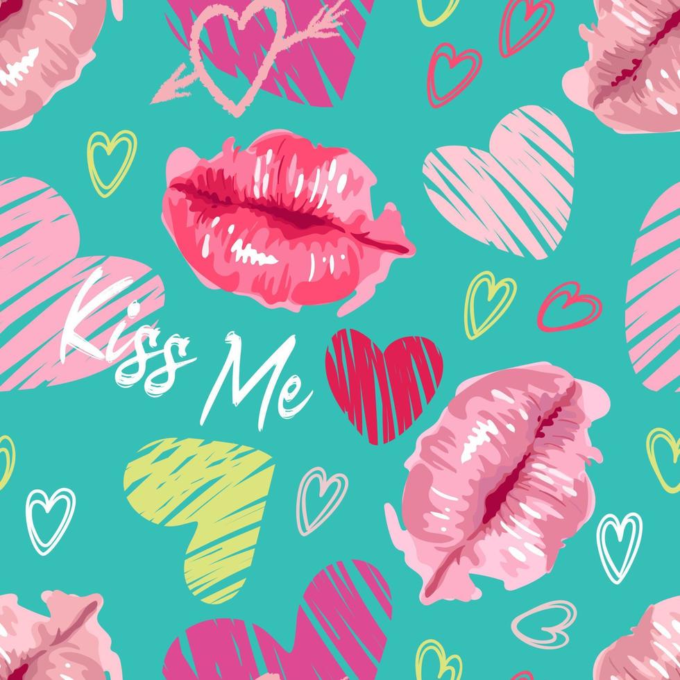 Watercolor style lips, grunge texture heart. Bright juicy pattern in collage style. Pink elements on a contrasting green background. For wallpaper, printing on fabric, wrapping, background vector