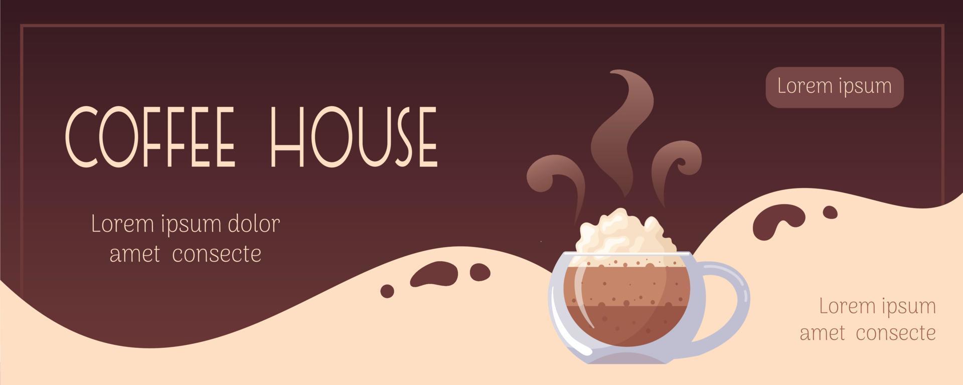 Coffee house. Horizontal banner with a glass mug of multi-layered hot cappuccino with lush foam of whipped cream. Vector food illustration for shop, cafe bar, barista, flyer, advertising, promo, menu