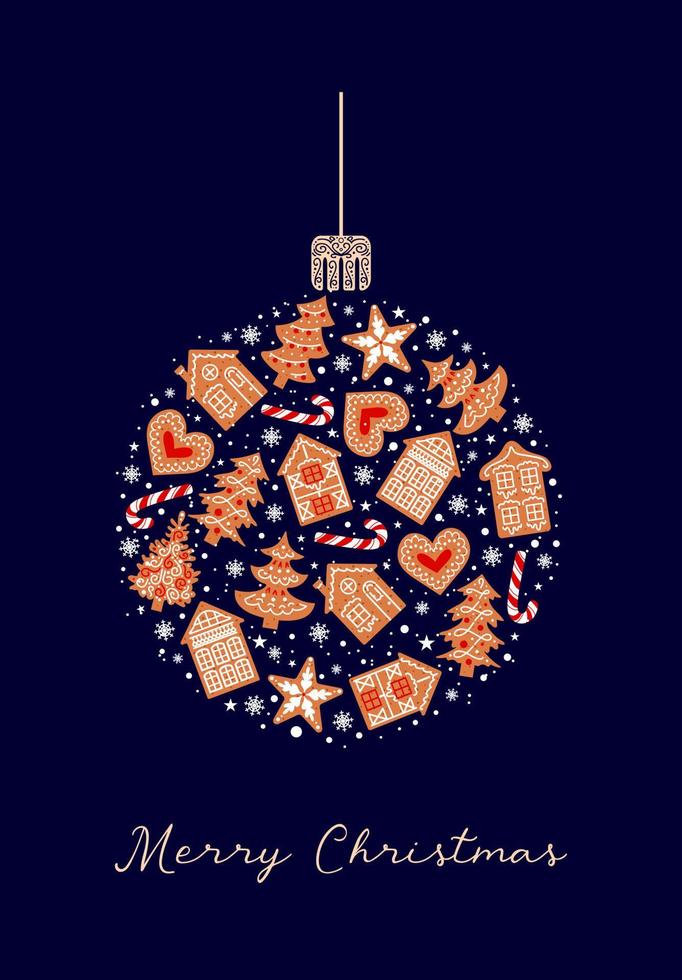 Christmas ball of gingerbread, decorated with icing. Traditional cookies. Houses, snowflakes and hearts. Vintage font. For posters, cards, banners, design elements vector