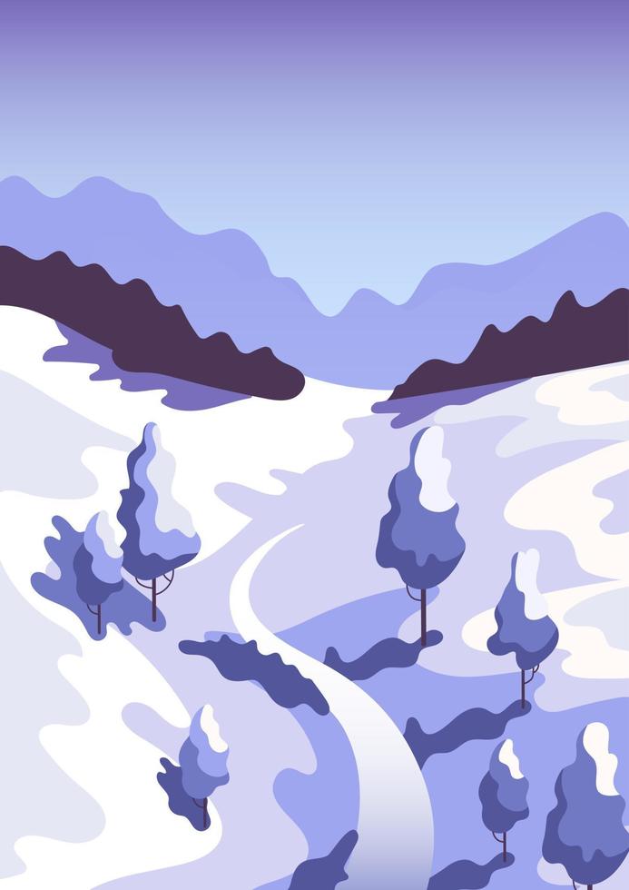 Beautiful winter landscape. Mountains, frozen river and sky. Snow-covered hills and trees. In blue-violet tones. Ski Tourism, snowboarding, travel and adventure. For posters, postcards, banners, site vector