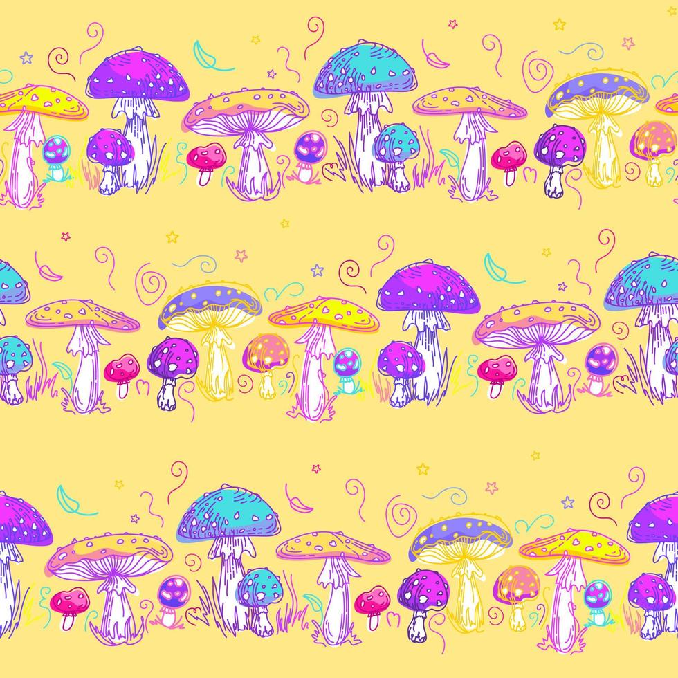 amanita, hongo venenoso no comestible, agárico de mosca colorido. ilustración de verano brillante en estilo boceto con hongos mágicos cósmicos, anillo de hadas. para papel tapiz, impresión en tela, envoltura. vector