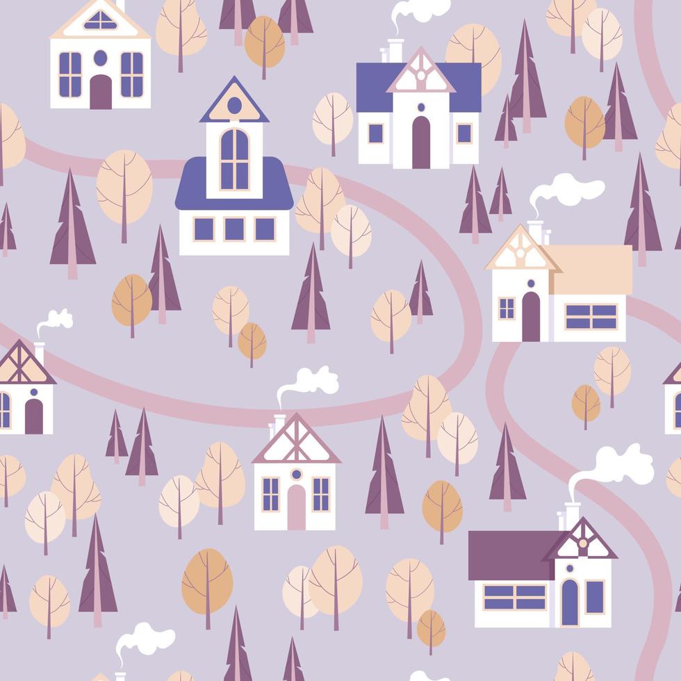 Seamless pattern in delicate purple lavender pastel colors. Vector illustration city landscape cute houses autumn trees. For printing on fabric, wrapping paper, wallpaper and decor.