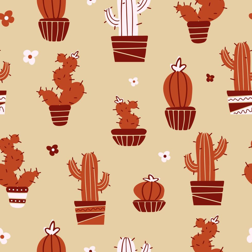 Bright summer seamless pattern domestic plants in trendy earthy colors. Mexican cacti in pots, flowers. Bright summer vector flat illustration. Houseplant. For printing fabric, merchandise, gift wrap.