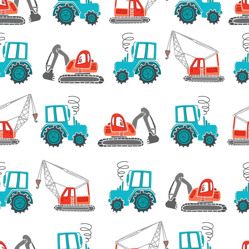 Childrens construction machinery seamless pattern. Cartoon illustration for boys in a scandinavian style. Transport machine excavator, tractor crane. For nursery, wallpaper, printing fabric, wrapping. vector