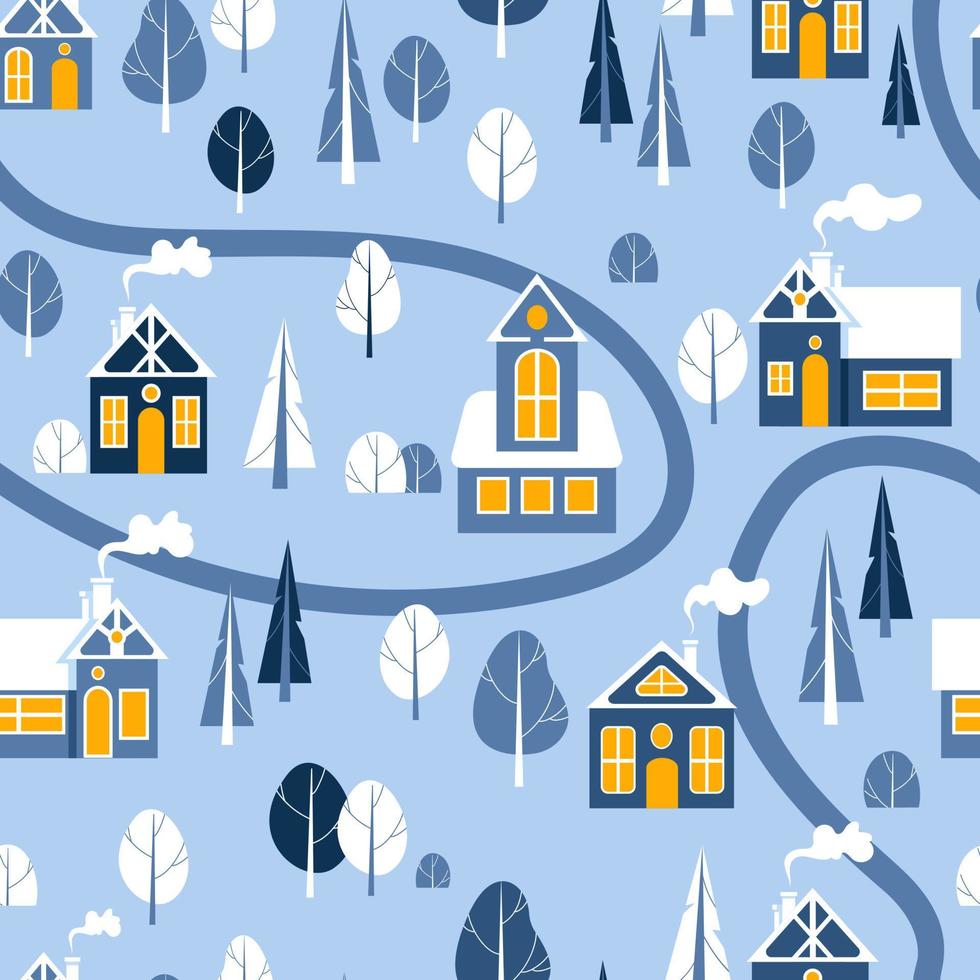 Houses and trees in the snow. Cute bright Christmas illustration in Scandinavian style. Blue - yellow tones. For nursery, wallpaper, printing on fabric, wrapping, background vector