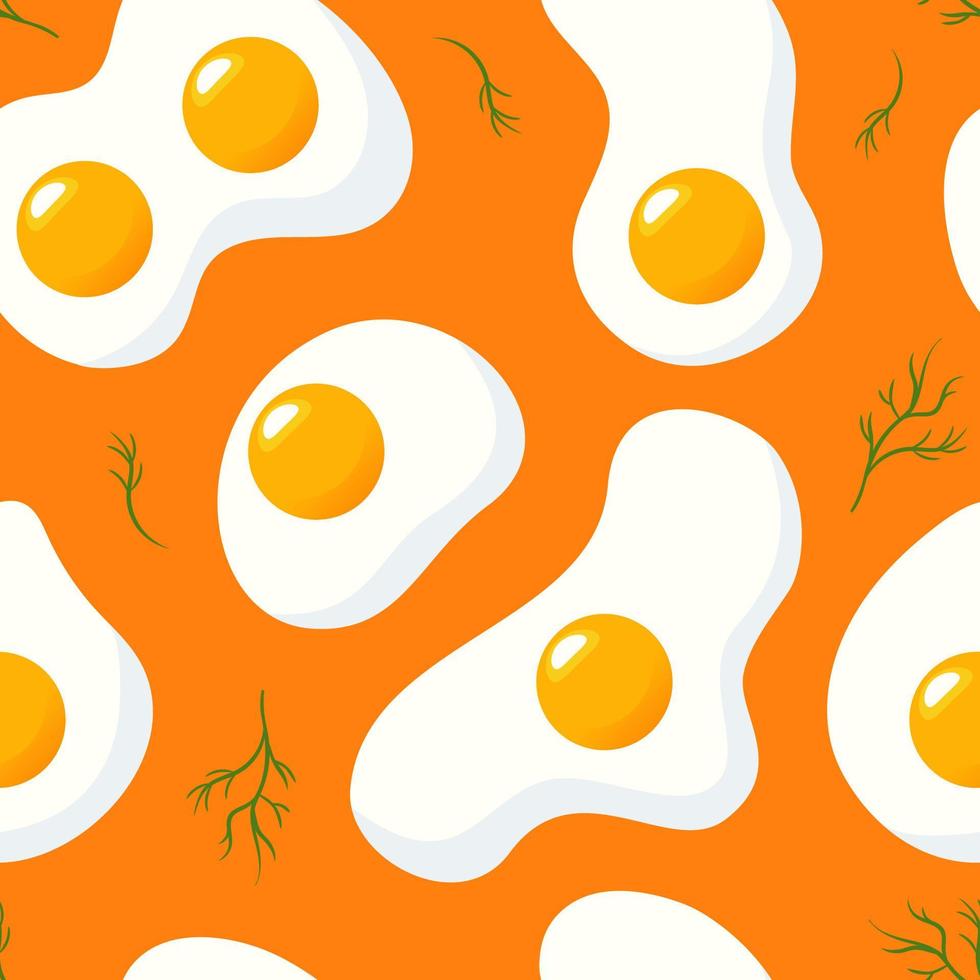Breakfast, healthy food illustration, fried eggs on a bright orange background. Dill greens. Seamless pattern for wallpaper, printing on fabric, wrapping, background. vector