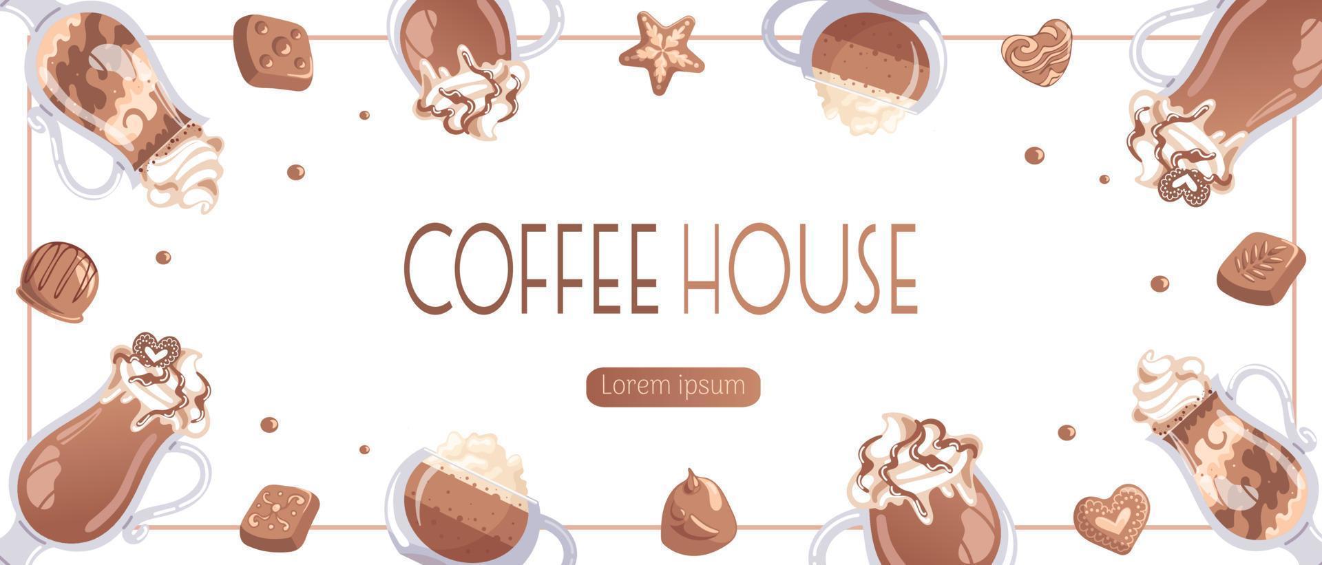 Cappuccino, latte and mocha in a glass, whipped cream, chocolates. Horizontal banner for coffee shop, cafe bar, barista. Vector food illustration for banner, flyer, advertising, publicity, promo, menu