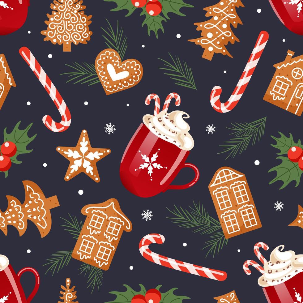 Christmas pattern. Hot chocolate with whipped cream, gingerbread in the form of snowflakes, houses, hearts. Holly and tree. Candy cane. For wallpaper, printing on fabric, wrapping. vector
