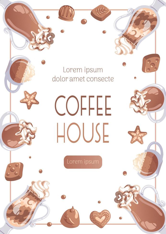 Cappuccino, latte and mocha in a glass, whipped cream, chocolates. Vertical banner for coffee shop, cafe bar, barista. Vintage font. for banner, flyer, advertising, publicity, promo, menu vector