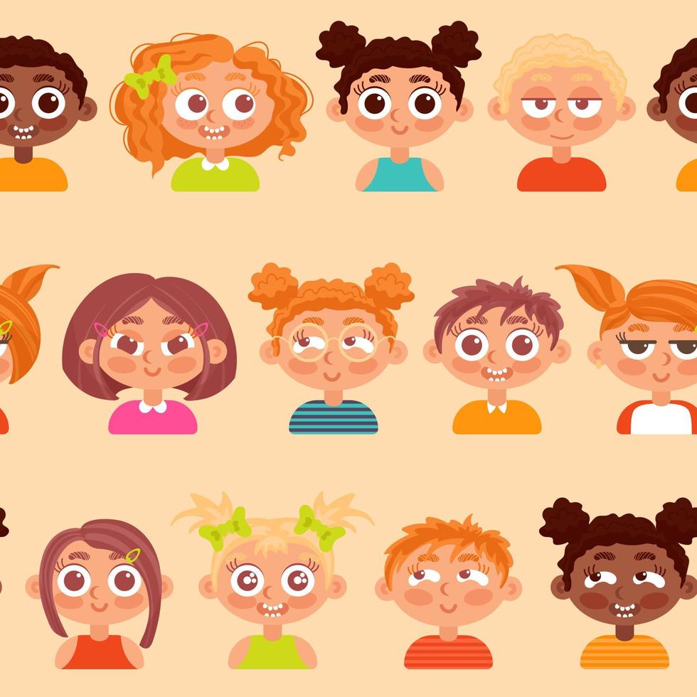 Seamless pattern of childrens faces of different nationalities. Positive emotions. Joy, fun, happiness, mischief. For nursery, wallpaper, fabric printing, wrapping, vector