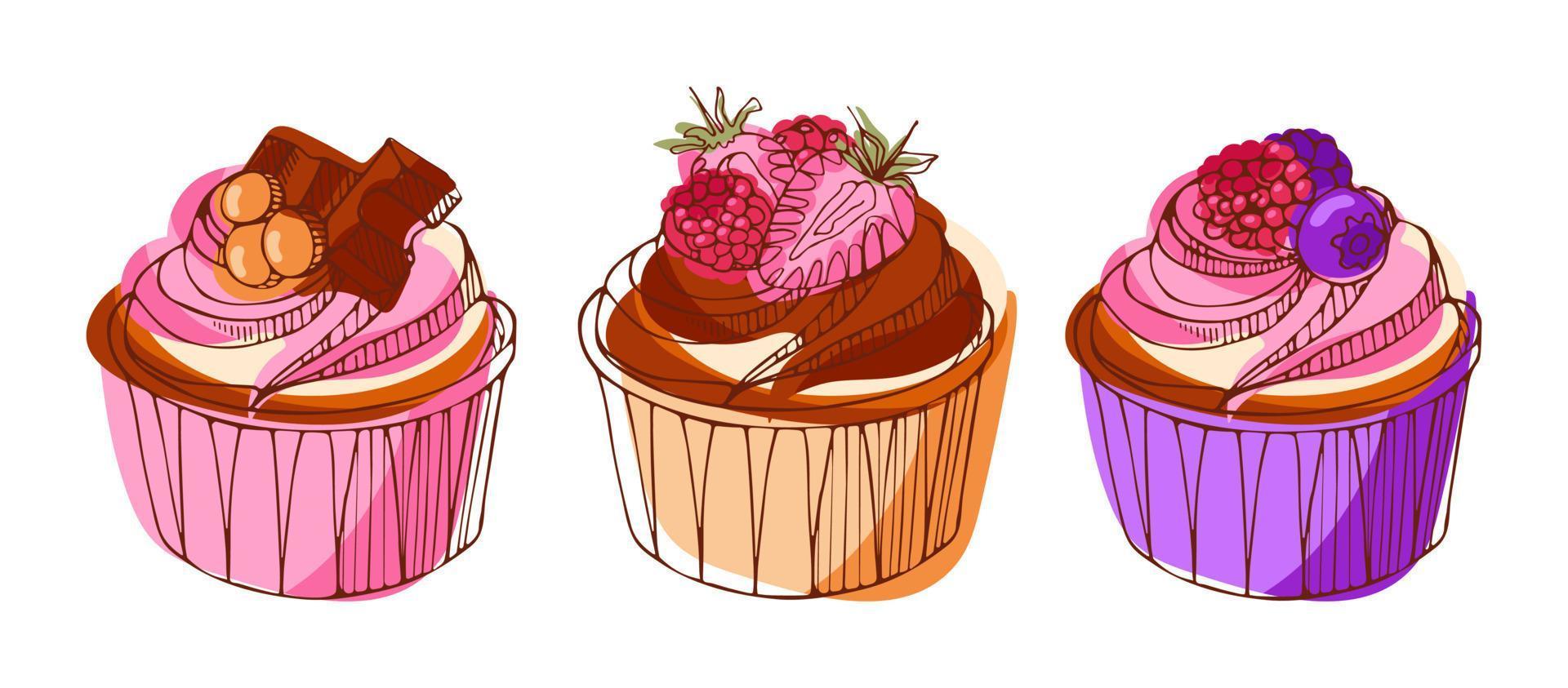 conjunto de cupcakes con arándanos, fresas y chocolate. día más dulce. ilustración de comida vectorial moderna en estilo boceto. para libros de cocina, pegatinas, diseño, menús, postales, carteles vector