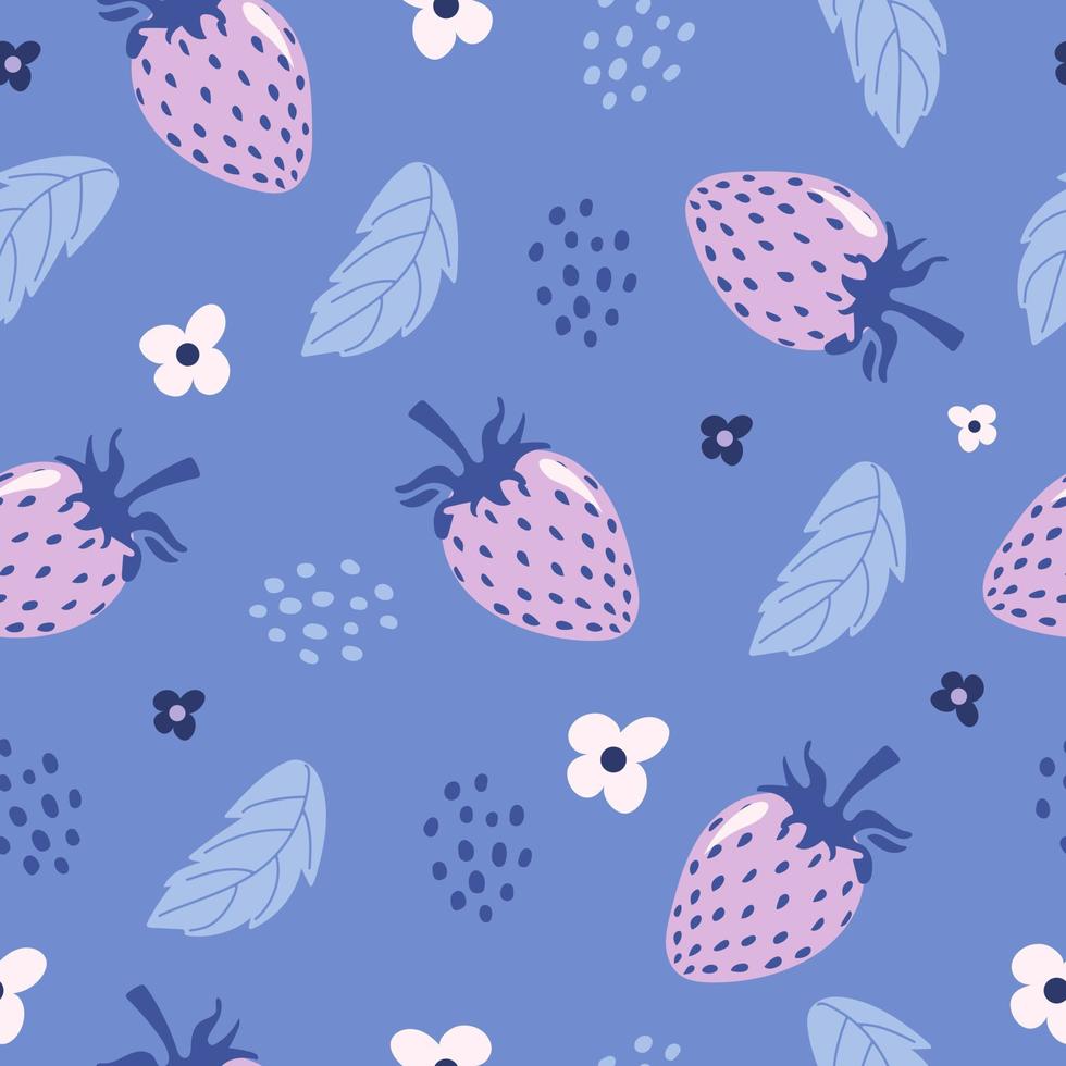 Bright seamless summer pattern. Delicate berries flowers leaves strawberries in pastel purple colors. Vector illustration in cartoon style. For printing on fabric, gift wrap. National strawberry day.